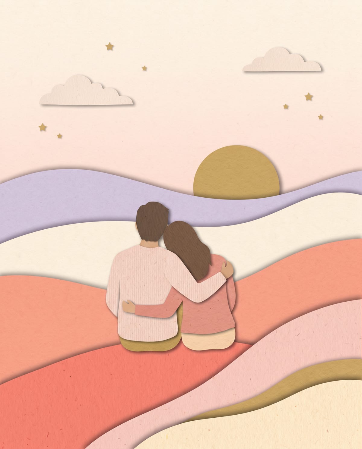 Two cut-paper figures sitting close on a hill, watching the sun.